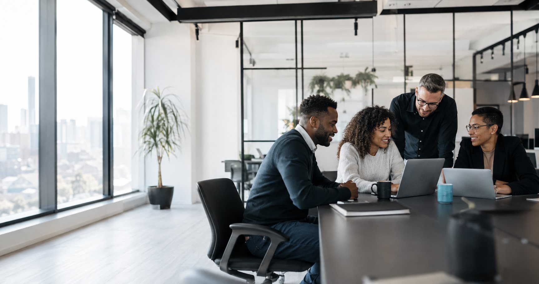 A diverse professional team collaborating in a bright modern office