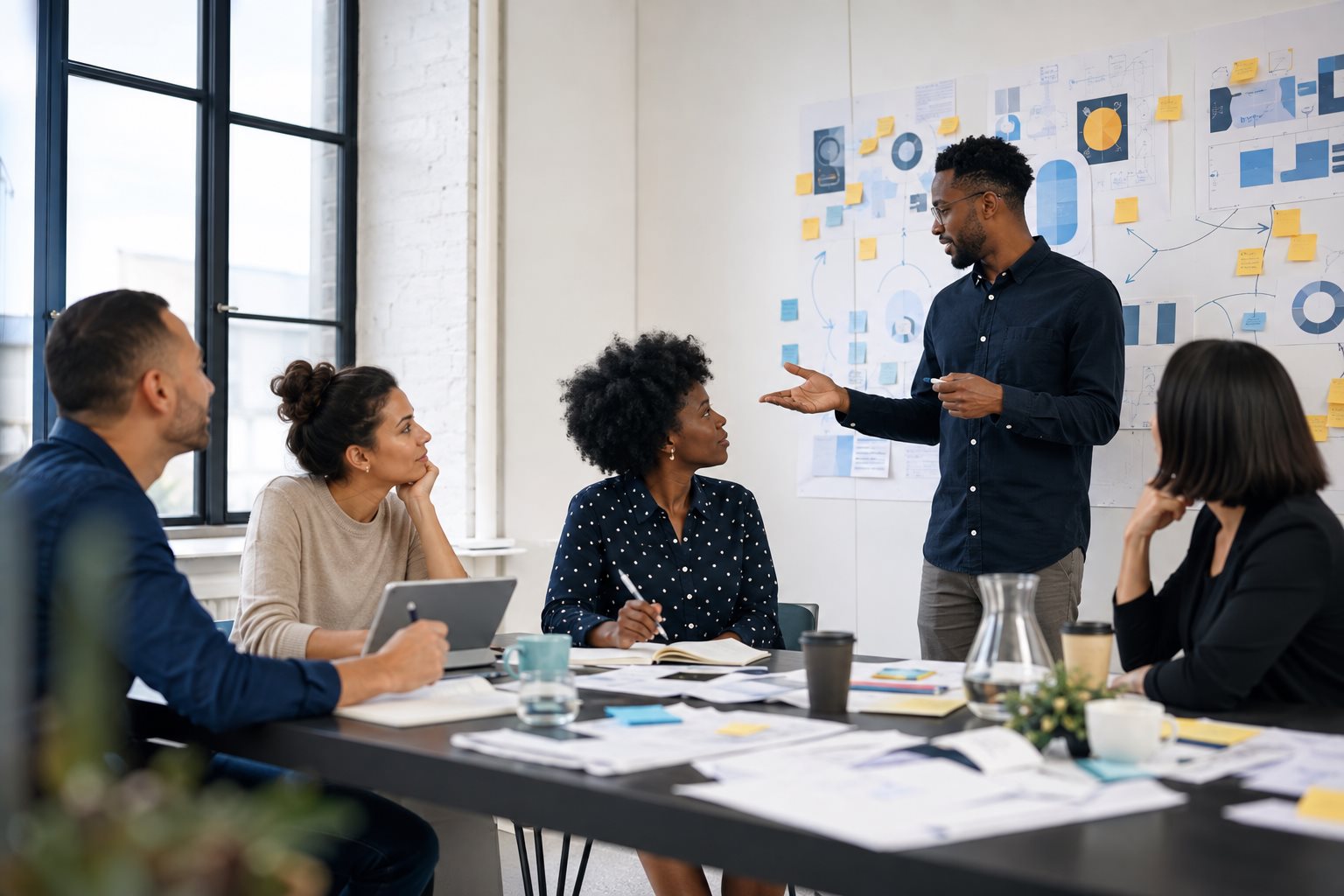 Professionals reviewing business operations in a bright meeting room